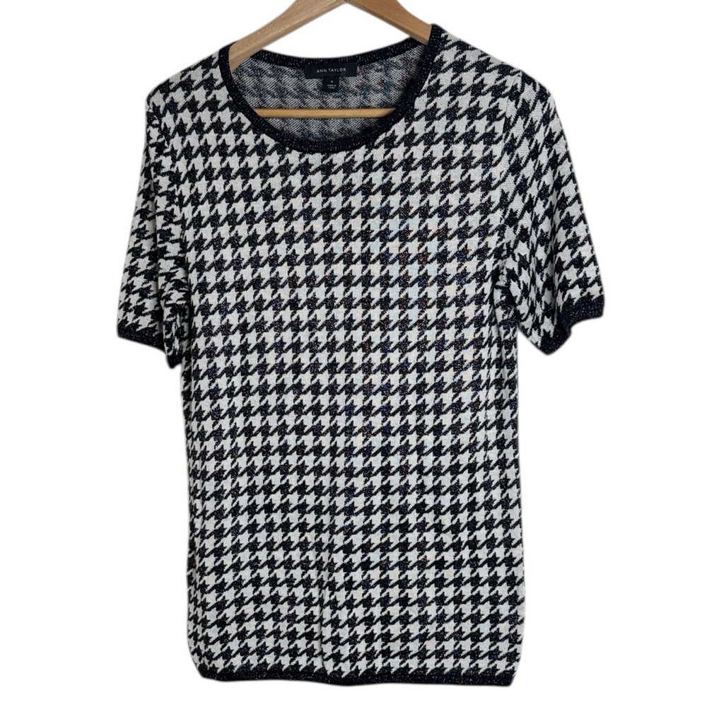 Ann Taylor Shimmer Black and White Houndstooth Short Sleeve Sweater size M